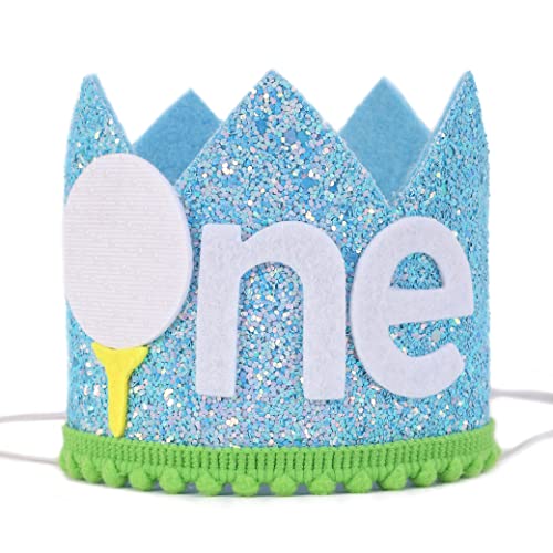 Image of Boys Golf 1st Birthday Party Hat - Cake Smash Hat, Light Blue Stripes, Golf Cart Decal, Our Little All Star, Tee Time Pack