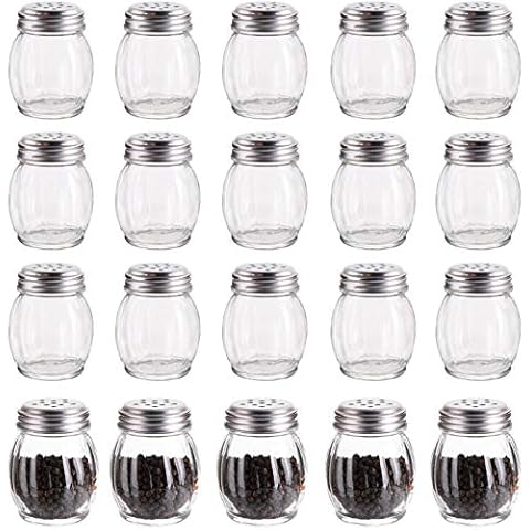 Nicunom 20 Pack 6 Oz Spices Shaker with Perforated Stainless Steel Lid, Swirl Glass Parmesan Cheese Shaker with Slotted Caps, Salt and Pepper Shakers Set, Seasonings Spice Retro Style Dispensers Cover