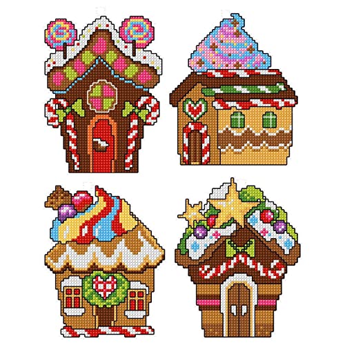 Image of Counted Cross-Stitch Kit on Plastic Canvas with Gingerbread Houses. 4 Christmas Ornaments Different Dimensions. 14 Count Plastic Canvas Sheets 8.27x11.02 Inches. Great for Embroidery & Craft Amateurs