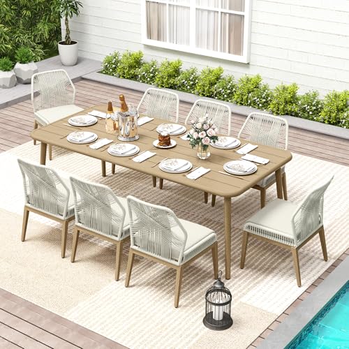 Outdoor Dining Set With Rope Chairs: Stylish Comfort for Your Patio 3 LUXIJOY Patio Dining Set 9-Piece Outdoor, Wood-Grain Aluminum Table with Umbrella Hole, Outdoor Table and Chairs Set with Removable Cuhsion, Woven Rope Back Chairs for Lawn, Garden, Backyard