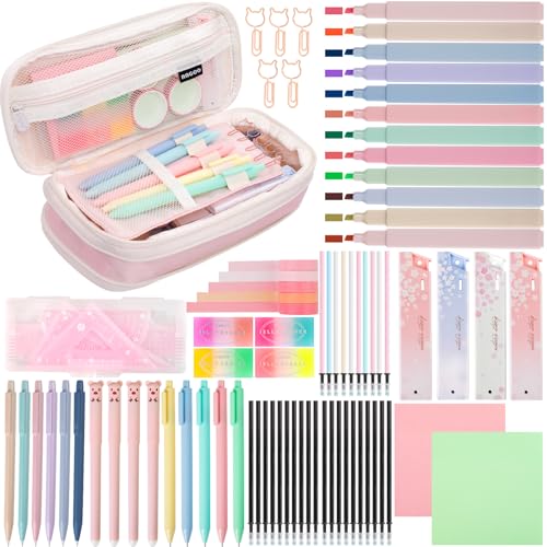 gyoyede 82pcs Aesthetic School Supplies Stationery Set with Pencil Case Pastel Highlighters Gel Pens Mechanical Pencils 0.5 & 0.7mm Essentials Stationary Set for Students Back to School SuppliesPink