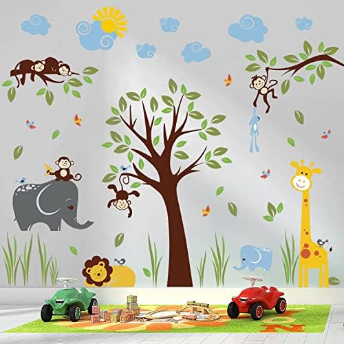 Supzone Jungle Animal Wall Stickers Monkey Tree Wall Decals Elephant Giraffe Lion Forest Animal Wall Art Sticker for Kids Baby Nursery Girl Boy Kids Room Wall Decor Home Decoratio