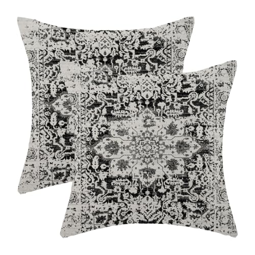 AEIOAE Boho Pillow Covers 18x18 Inch Set of 2,Black Grey Gray Carpet Pattern Throw Pillows Case,Ethnic Design Retro Outdoor Decorative Square Linen Farmhouse Decor Cushion Covers for Home Sofa Couch