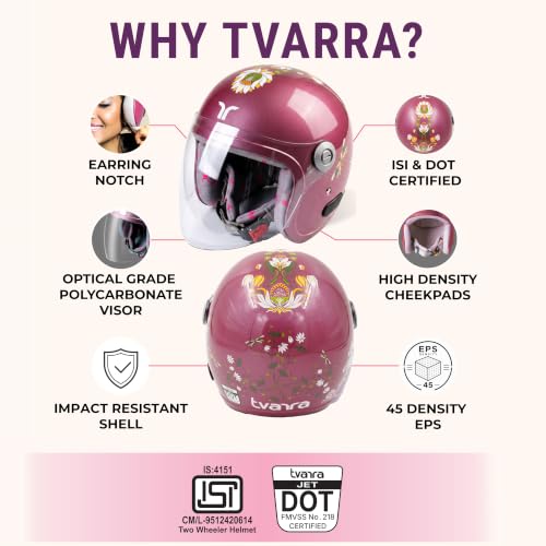 Image of TVARRA Lotus ISI & DOT(USA) Certified Women's Open Face Helmet Design Helmet, Lightweight Material, Crafted for Women, Extreme Comfort fit with Clear Visor