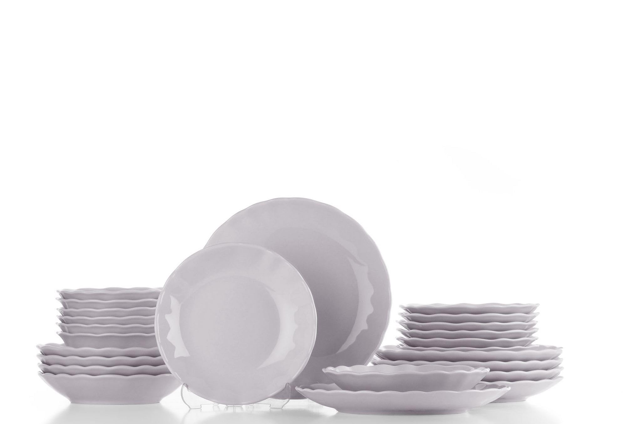 Elegancki 24-częściowy serwis obiadowy, jasnofioletowy, 100% porcelana | w zestawie talerze do serwowania, miski i talerze deserowe | można myć w zmywarce i używać w kuchence mikrofalowej