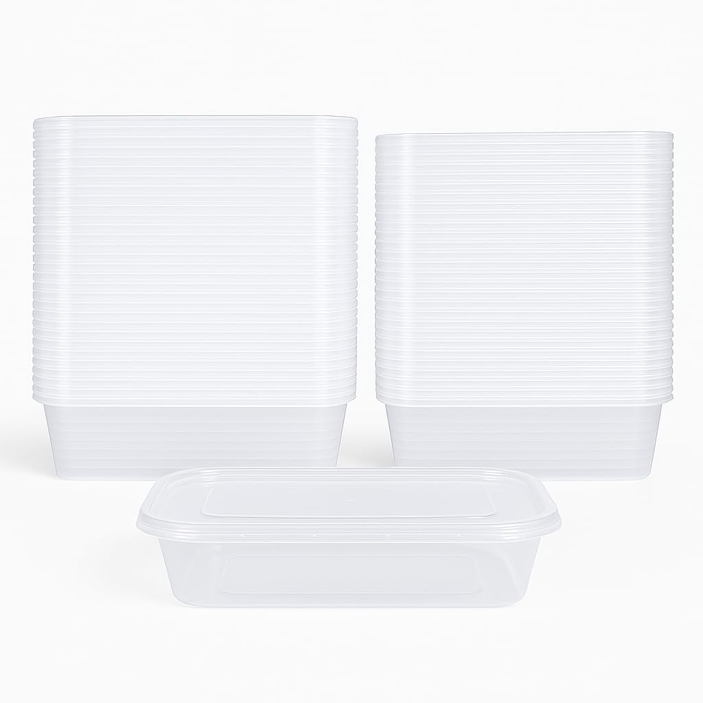 50 x 500ml Disposable Food Storage and Meal Prep Clear Plastic Containers with Lids - Microwave and Freezer Safe - Recyclable (50 Containers & 50 Lids)