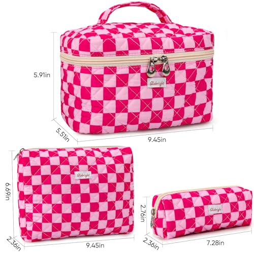 3 Pieces Makeup Bag Large Quilted Cosmetic Bag, Cotton Make Up Bag Travel Toiletry Bag for Mom Girlfriend Wife Women (Red)3