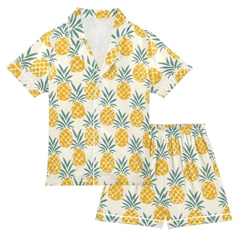 Creative Yellow Cartoon Pineapples Summer Satin Pajama Set, Cute Button-Down Sleepwear Pj Set for Sleep Wears