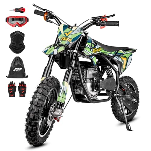 Image of FRP FX40-Ogemaw Teens Dirt Bike, 40cc 4-Stroke Gas Powered Mini Motorcycle with Goggles, Neck Gaiter, Gloves, Pull Start Trail Bike, Dual Disc Brakes, Speed Limiter, 20 MPH, 132 LBS Capacity,Green