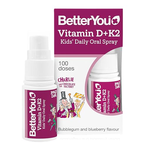 BetterYou Vitamin D3 + K2 Kids Oral Spray Fast Acting Vitamin D 800 IU + Vitamin K2 (MK-7) Supports Growing Bones and a Healthy Immune System 100 Sprays Sugar Free Blueberry and Bubblegum Flavour