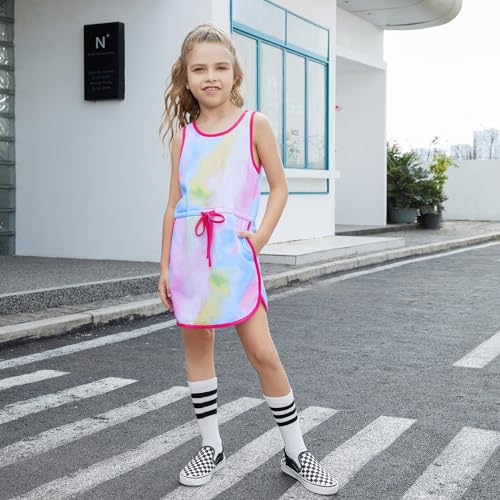 Perfashion Girls T-Shirt Dress Drawstring Waist Tank Dress Terry sundress with Pockets for 4-13 Years2