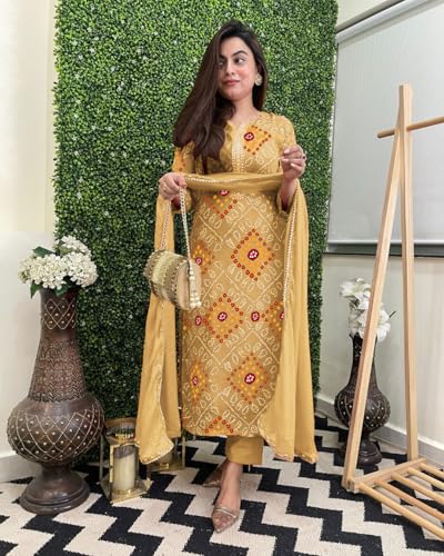 Image of GoSriKi Viscose Printed Straight Kurta with Pant and Dupatta for Women | Viscose Wine | 3 /4 Sleeve | Round Neck V-Slit | Ethnic Wear Casual Wear