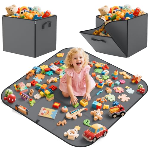 YOHOOLYO 2 In 1 Toy Storage Play Mat, Storage Box for Kids Children Space Adventures Design,Nursery, Playroom, Basket for Building Bricks Blocks Collapsible Cube Bin, 15