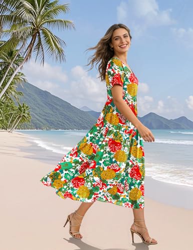 Image of YESNO Women's Summer Maxi Dresses Casual Floral Short Sleeve V Neck Boho Beach Vacation Swing Dress with Pockets EVF