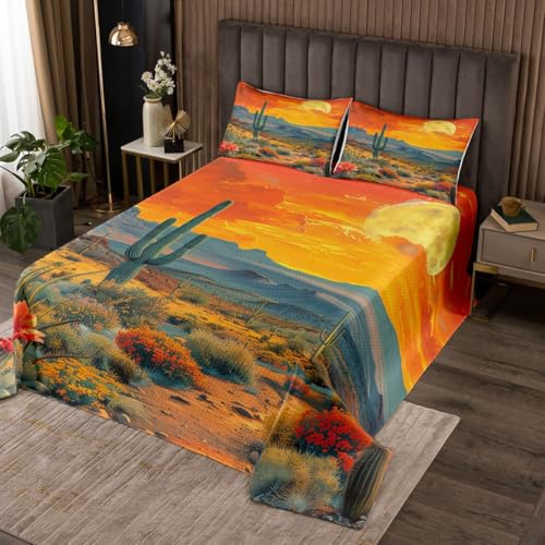 Erosebridal Sunset Cactus Quilt Set, Rustic Desert Plants Bedspread Set King Size, Petals Flowers Coverlet Set, Retro Soft Luxury Bed Set for Kids Teens (1 Bedspread + 2 Pillowcases)