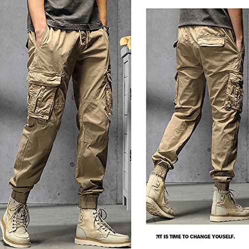 Mens Cotton Plus Size Pocket Solid Elastic Waist Pants Overall Pants Boy Glitter Khaki #TOP4