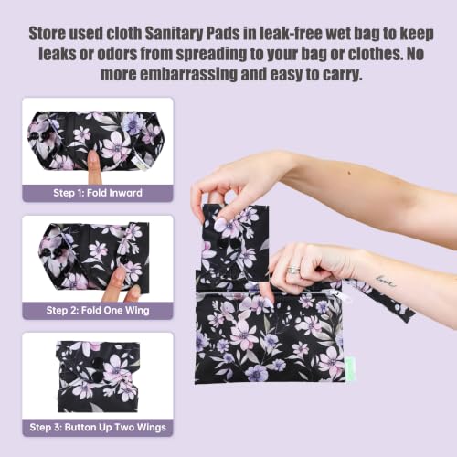 Image of wegreeco Reusable Menstrual Pads, Incontinence Sanitary Period Cloth Pads for Women, Reusable Washable Feminine Panty Liners Heavy Flow, Charcoal, 5 Pack, 1 Cloth Wet Bag (Small, Watercolor Flower)