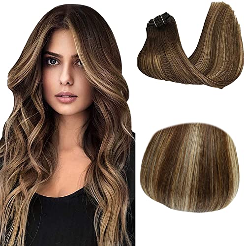 BECUS Hair Extensions Human Hair 40cm Farbe Balayage Karamellblond Ombre Dunkelbraun Glatt Gerade Haar Fish Line Crown Haare Extension 80g Cover