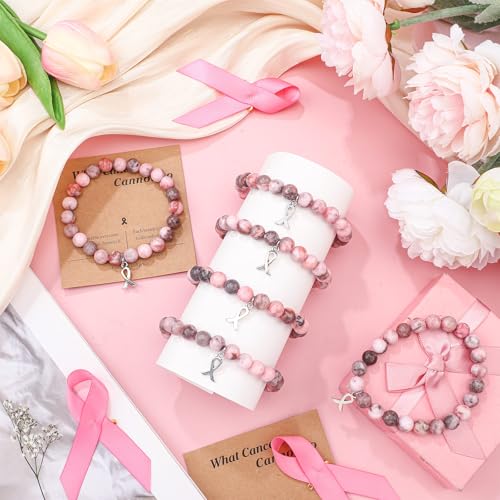 6 Pcs Breast Cancer Awareness Bracelets Natural Stone Healing Crystal Beaded Inspirational Bracelets Gifts for Women Best Friend Sister3