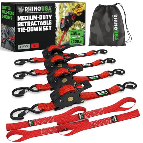 Image of Rhino USA Retractable Ratchet Straps (4-Pack) - 1 Inch x 10 Feet (1,209lb Break Strength) - Auto Self Retracting Tie Down Straps for Truck, Cargo Trailer, Motorcycle, ATV, UTV - Red