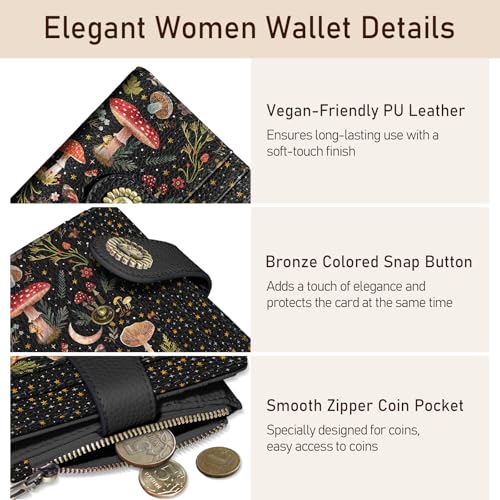 Mushroom Moon Night Small Rfid Women Wallet Bifold Zipper Coin Pocket PU Leather Compact Cash Credit Card Holder Travel Wallet for Female Ladies Teen Girls 1 ID Window 10 Card Slots 6