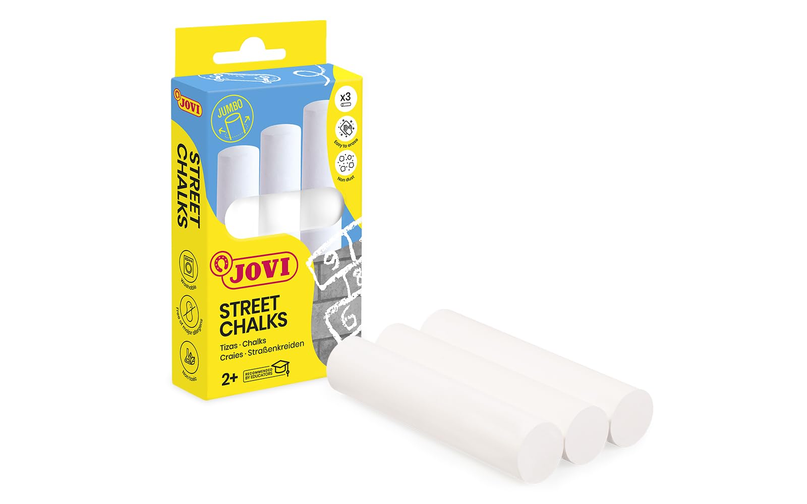 Jovi - STREET CHALKS Astuccio 3 Gessi jumbo super spessi per dipingere pavimenti, antipolvere, bianco