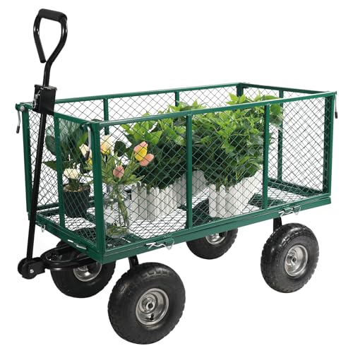 REDCAMP XL Heavy Duty Garden Cart on Wheels 360kg / 800lbs High-Sided Metal Trolley with Removable Sides Cart Liner and 10 Rubber Tyres for Gardening Green