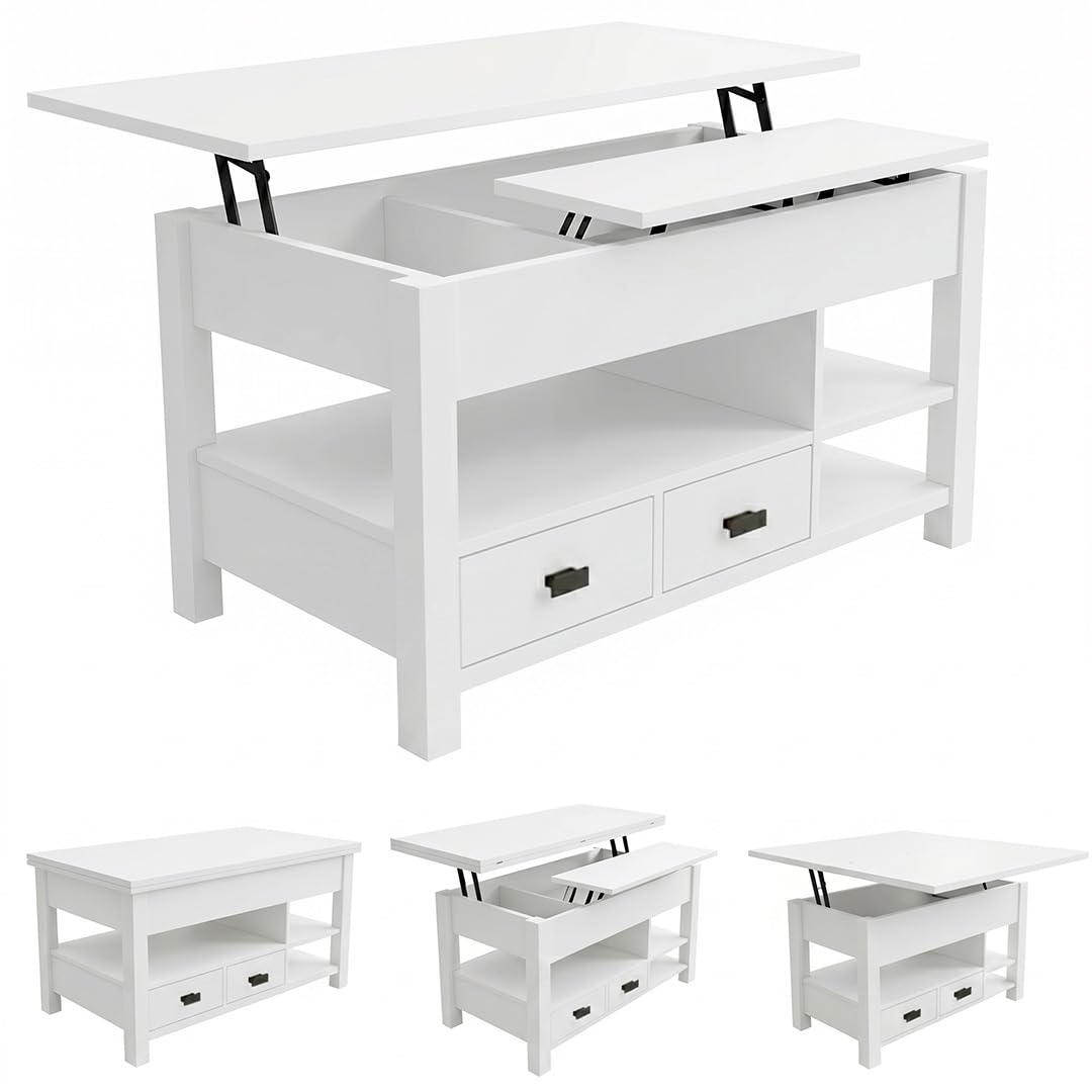 Marctani Mesa de Centro elevable 3 en 1 - Mesa de Centro Blanca con Almacenamiento Oculto y 2 Cajones, Mueble de Salón Extensible en Madera MDF para Escritorio y Comedor