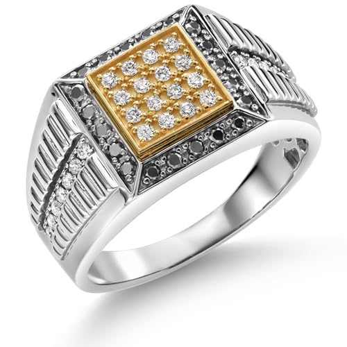 Gem Stone King Men's 925 Sterling Silver & 10K Yellow Gold Lab Grown Diamond & Black Diamond Cuban Rolex Style Square Cut Band Ring For Men | 0.56 Cttw | Available in Size 7-133