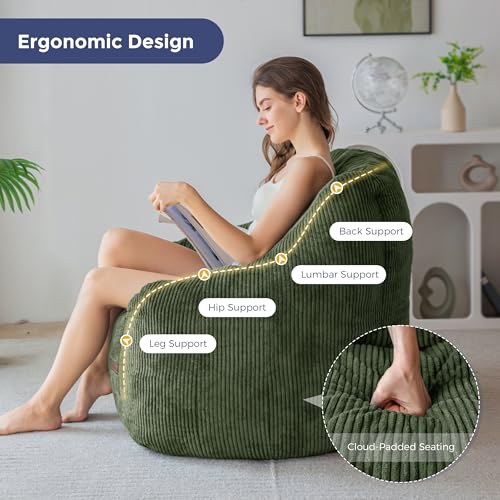 Image of MAXYOYO Bean Bag Chair, Bean Bag Sofa with Filler, Cozy Living Room Chair for Adults and Kids, Stuffed Floor Sofa for Bedroom Dorm Reading, Dark Green