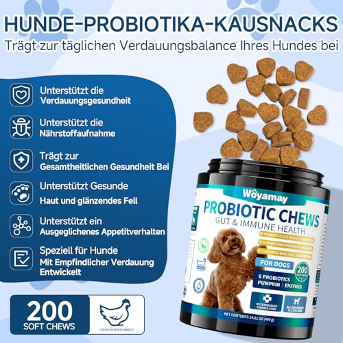 Woyamay Probiotika für Hunde – 200 Weiche Kausnacks Mit Hühnergeschmack, Zur Unterstützung der Verdauung und des Allgemeinen Wohlbefindens, Mit Ausgewogener Darmflora und Fellpflege für Alle Hunde