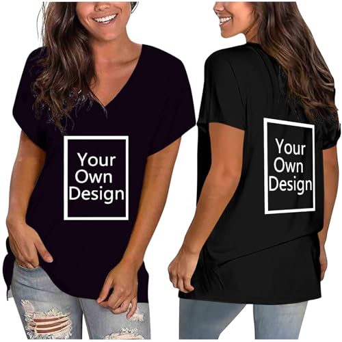 Generisch Tshirt Damen Personalisiert Longshirt Bedrucken Lassen Sommer V-Ausschnitt T Shirt Baumwolle mit Druck Selbst Gestalten Tunika Kurzarm Oberteile Elegant Kurzarmshirt Schwarz M