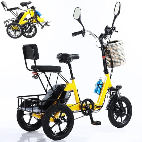 Faltbares Elektrodreirad FüR Erwachsene, 14″ 3 Rad Elektrodreirad, Mit Beifahrersitz + GroßEm Korb, 40 Km Reichweite, Maximale Belastung Von 180 Kg, 3-Gang-Einstellung Yellow