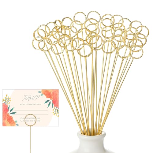 30Pcs Gold Floral Card Holder Picks 13.4 Inch Metal Gift Card Bouquet Holder Strong Grip Photo Picture Clip Sticks for Wedding Centerpieces Flower Arrangements Party Decorations