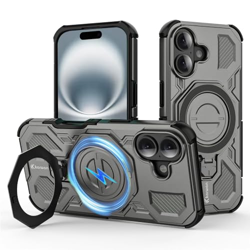 Image of KARWAN Tough Shockproof Armor Back Case Cover Compatible with iPhone 16 with 360 Degree Rotation Magnetic Attraction Ring, Holder Heavy Duty Rugged Cover with MagEaze Wireless Charging (Grey)