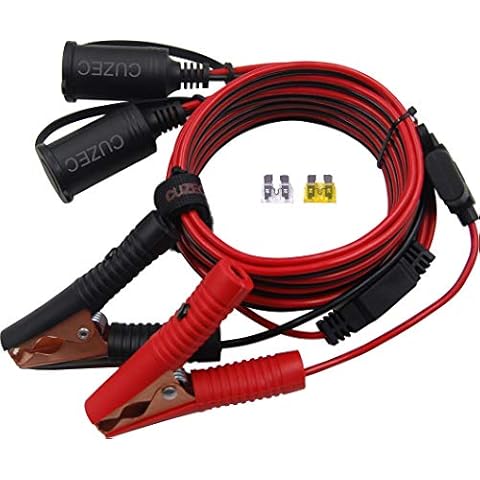 CUZEC 14ft /4.27 m 14 AWG Extension Cord Dual Plug Socket with Battery Clamp 12V/ 24V Battery Clip-On and Cigarette Lighter Adapter Cover