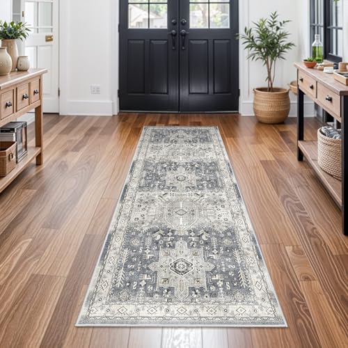 Washable Hallway Runner Rug 2x6: Soft Kitchen Rug Non Slip Rug Runner with Rubber Backing for Living Room Bedroom Bathroom Non Shedding Farmhouse Carpet Runner Rug (Grey, 2X6)