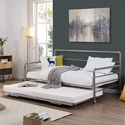P PURLOVE Twin Size Metal Daybed with Adjustable Trundle, Pop Up Trundle Bed, No Box Spring Need,Silver