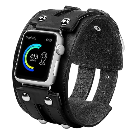 Vikoros Genuine Leather Band Compatible with Apple Watch Ultra 2/Ultra SE Series 9 8 7 5 Bands 49mm 45mm 44mm 42mm Men Women Wrist, Wide Sport Leather Strap Bracelet Replacement Bands for iWatch Ultra Series SE 9 8 7 6 5 4 3 2 Black