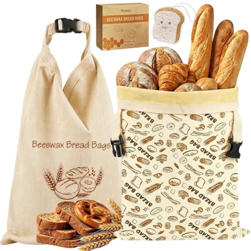 Bienenwachs Brotbeutel 2er Set XL 43x33cm Wiederverwendbarer Brotsack zum Frischhalten-Leinen Brotbeutel mit herausnehmbarem Bienenwachs-Inliner für Sauerteig-Nachhaltige Brotaufbewahrung inkl.Schwamm