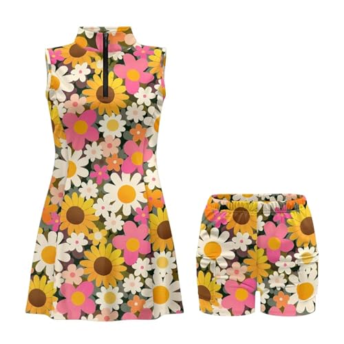 Xpyeesfuen 60S 70S 80S Hippie Flowers Tennis Dress For Women Sleeveless Golf Dresses With Shorts And Pockets Zip Up Stand Collar Golf Outfits Spandex Polyester Material Fits Summer