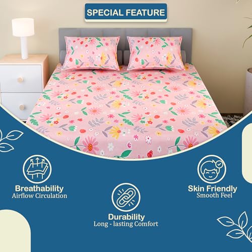 Image of Kuber Industries Cotton 144 TC Double Bedsheet With 2 Pillow Covers | Machine Washable Soft Bedsheet For Living Room, Home & Hotels | Flower Print - Pink