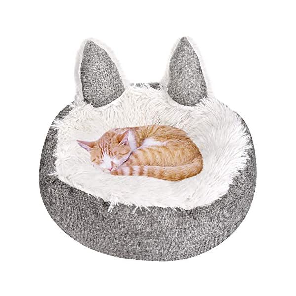 Queta Haustierbett für Katzen und Hunde, Rundes Plüsch Weich Hundebett, Schöne Katzenbett in Katzenohren-Form(45cm) (grau)