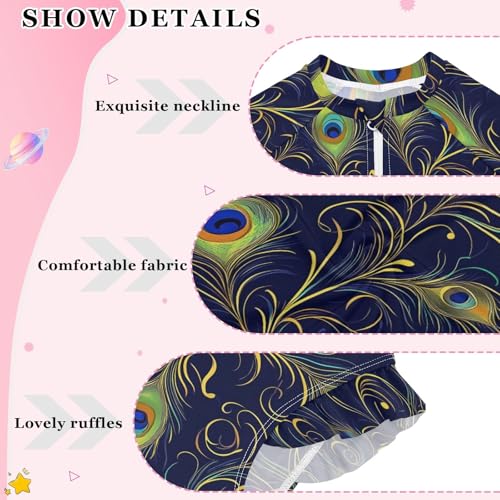Abstract Peacock Feathers Girls Long Sleeve Swimsuit Rash Guard One Piece Bathing Suits Zipper 3-12T4