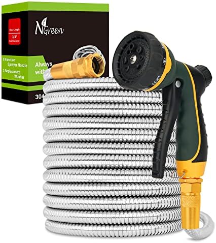 NGreen Stainless Steel Garden Hose - Flexible Metal Water Hose with Nozzle, Puncture, Rust Proof and Corrosion Resistant, Never Kink and High Pressure, Collapsible and Easy to Store (50FT)