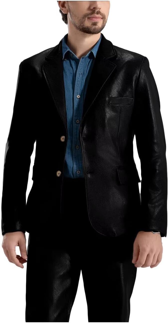ONAXTDA Men'S Leather Jacket Vintage Blazer Lined Autumn Double Breasted Peak Lapel Coat