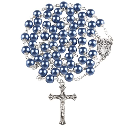 8mm Glass Pearl Beads Catholic Rosary Necklace for Men and Women with Flannel Bag