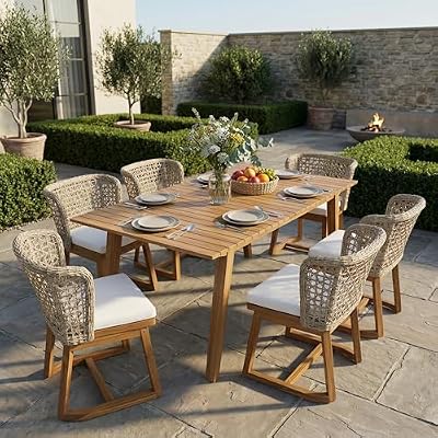 Christopher Knight Home 7 Piece Outdoor Dining Set, 69" Acacia Wood Patio Table with 6 Light Brown Wicker Chairs and Beige Cushions, Teak Finish Dining Table Set for Backyard Garden Porch Deck