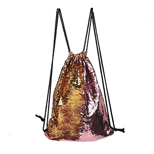 Glitter Sequins Backpack Drawstring Backpack Sackpack Outdoor Shoulder Bag for Travel Shopping Sport (Pink Gold)