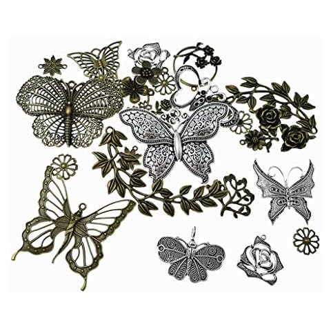 Kinteshun Butterfly Flower Leaf Charm Pendant for DIY Jewelry Making Accessaries(29pcs,Silver&Bronze Tones) Cover